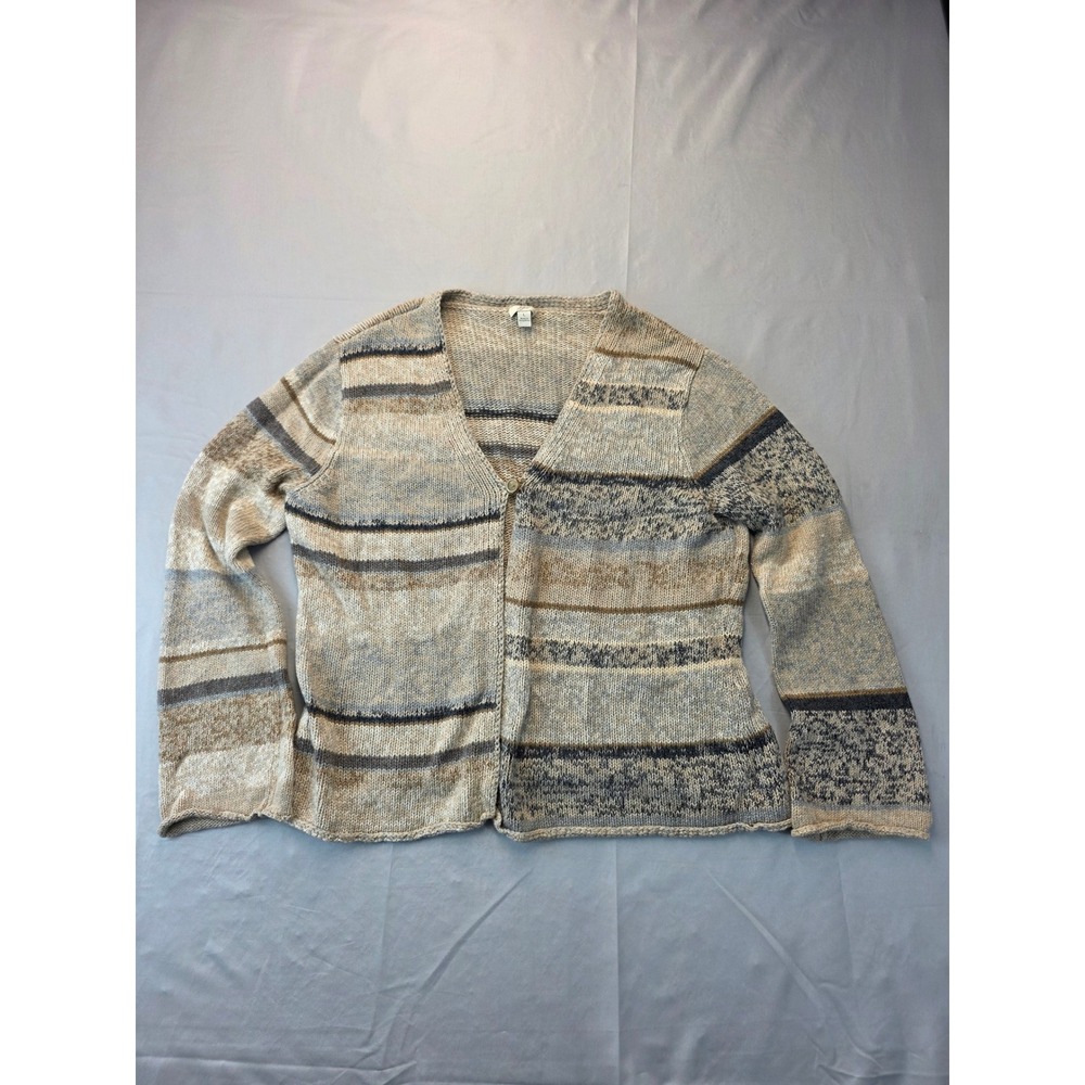 J. Jill Cotton Lambswool Striped Cardigan Sweater Blue Tan Large Hook Eye